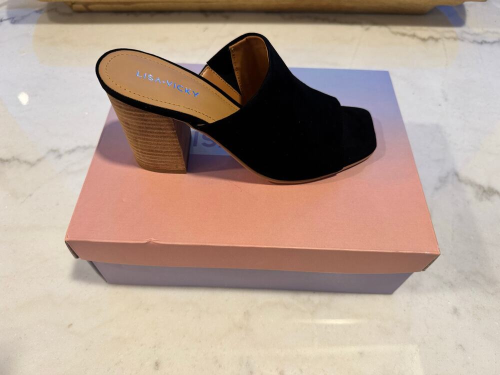 Lisa Vicky Virtue-V Black Kid Suede Block Heel Mules | Size 7 NEW